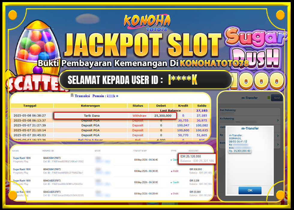 KONOHATOTO78 JACKPOT SUGAR RUSH 1000 Rp.25.300.000,- LUNAS