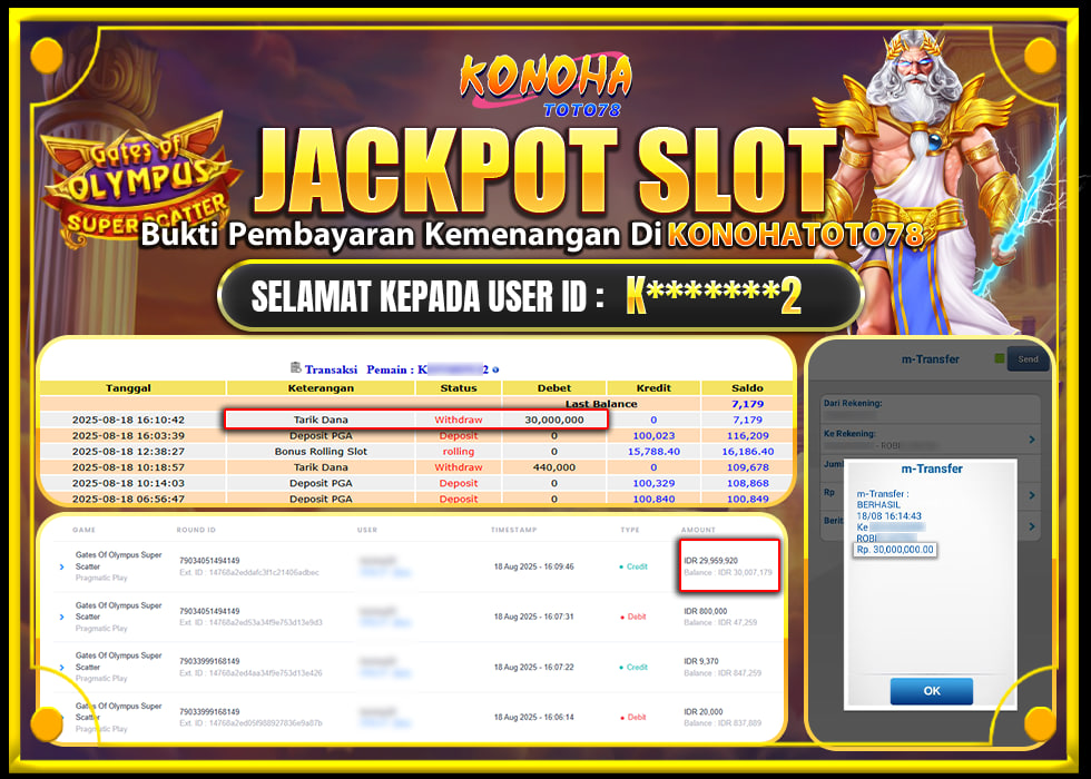 KONOHATOTO78 JACKPOT GATES OF OLYMPUS SUPER SCATTER Rp.30.000.000  
