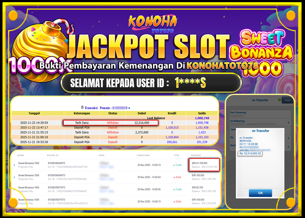 KONOHATOTO78 JACKPOT SWEET BONANZA 1000 Rp.22.516.000,- LUNAS