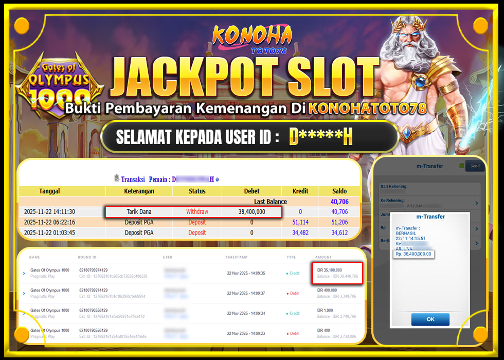 KONOHATOTO78 JACKPOT GATES OF OLYMPUS 1000Rp.38.400.000, -LUNAS
