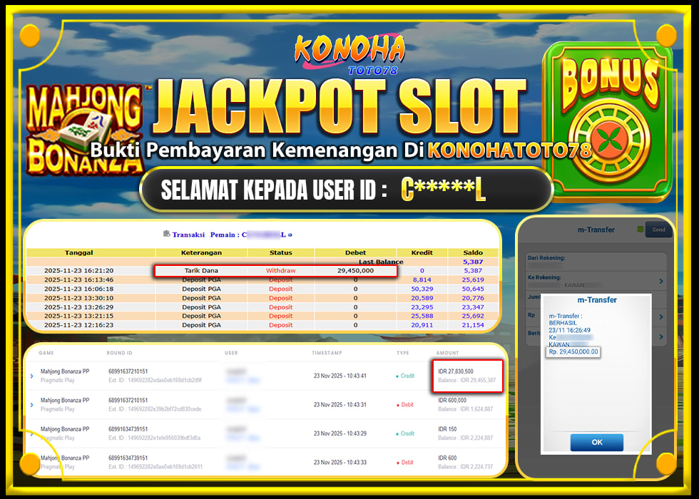 KONOHATOTO78 JACKPOT MAHJONG BONANZA PP Rp.29.450.000, -LUNAS