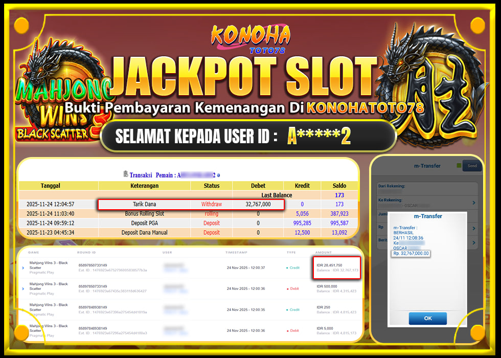 KONOHATOTO78 JACKPOT MAHJONG WINS 3 BLACK SCATTERRp.32.767.000,- LUNAS