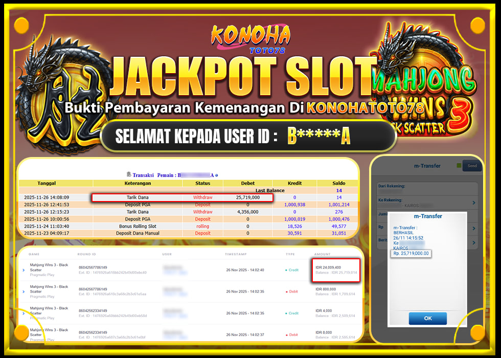 KONOHATOTO78 JACKPOT MAHJONG WINS 3 BLACK SCATTERRp.25.719.000,- LUNAS