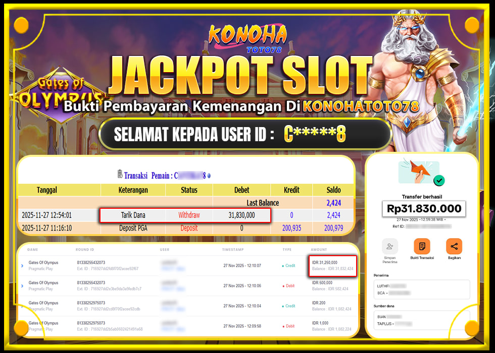 KONOHATOTO78 JACKPOT GATES OF OLYMPUS 1000Rp.31.830.000, -LUNAS
