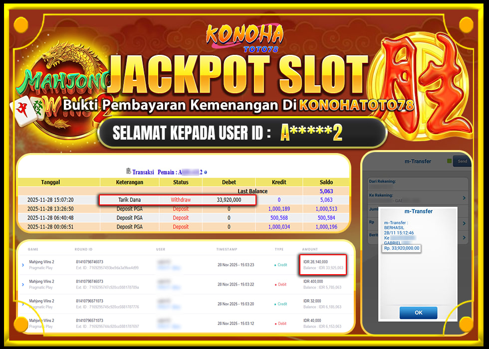 KONOHATOTO78 JACKPOT MAHJONG WINS 2 Rp.33.920.000,- LUNAS