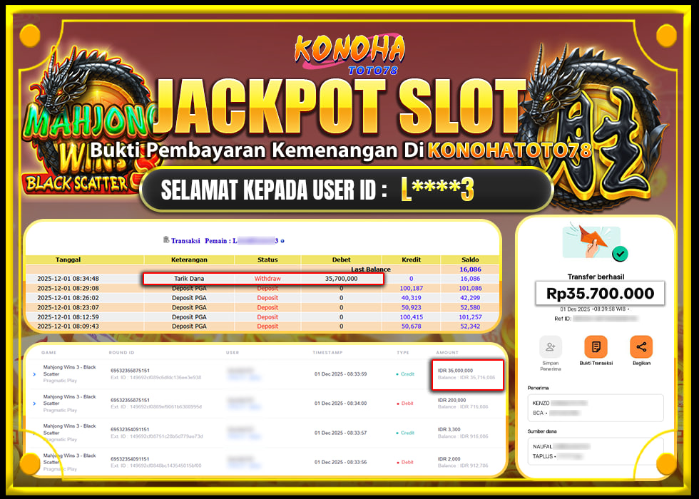 KONOHATOTO78 JACKPOT MAHJONG WINS 3 BLACK SCATTERRp.35.700.000,- LUNAS