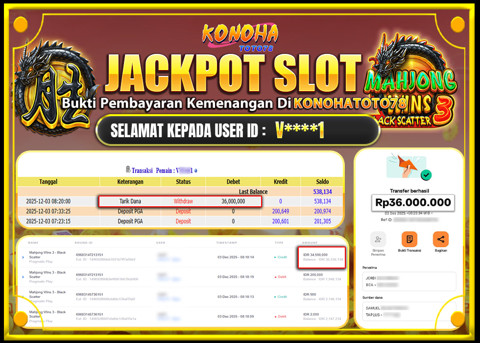 KONOHATOTO78 JACKPOT MAHJONG WINS 3 BLACK SCATTERRp.36.000.000,- LUNAS