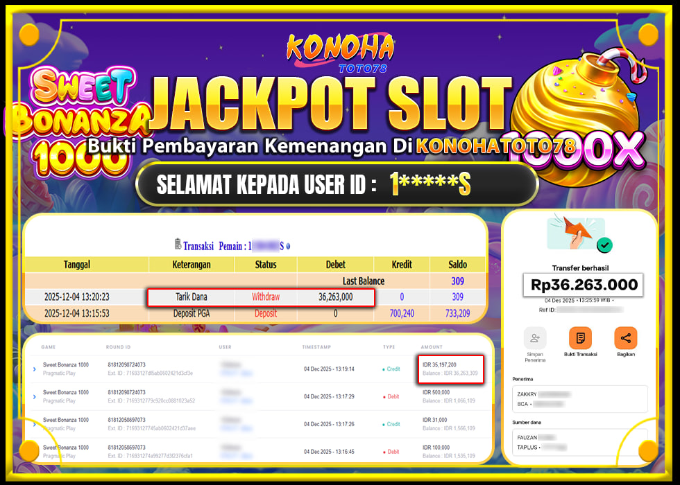 KONOHATOTO78 JACKPOT SWEET BONANZA 1000Rp.36.263.000,- LUNAS