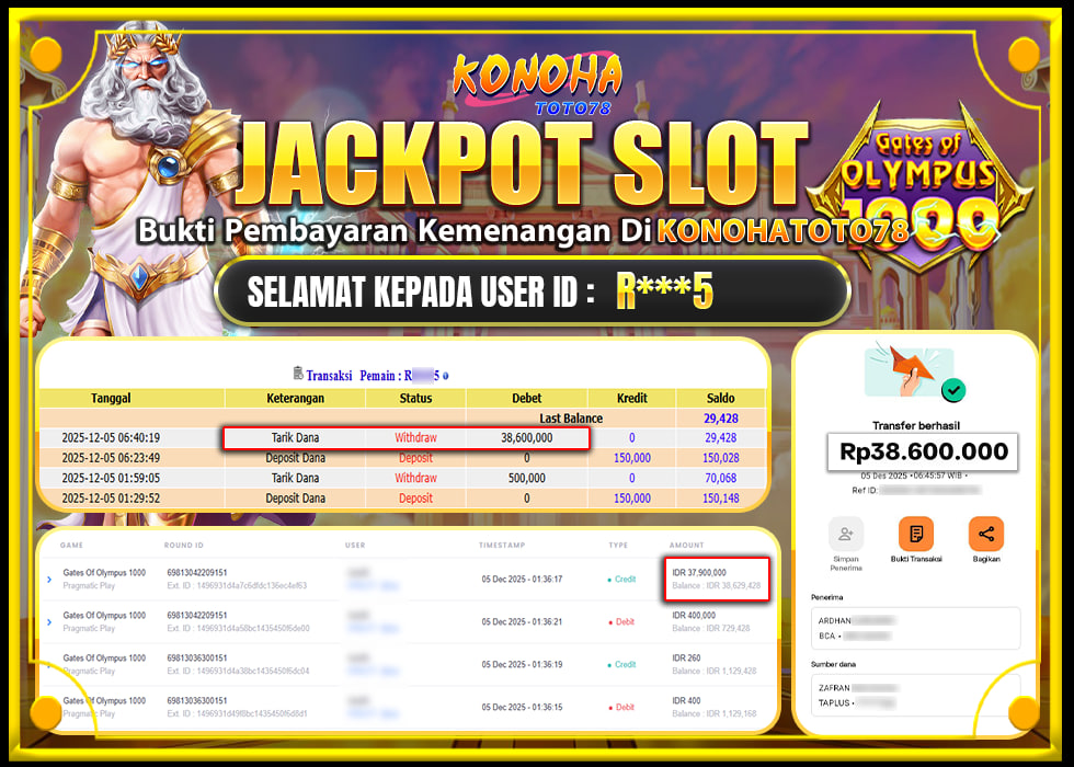 KONOHATOTO78 JACKPOT GATES OF OLYMPUS 1000Rp.38.600.000,- LUNAS