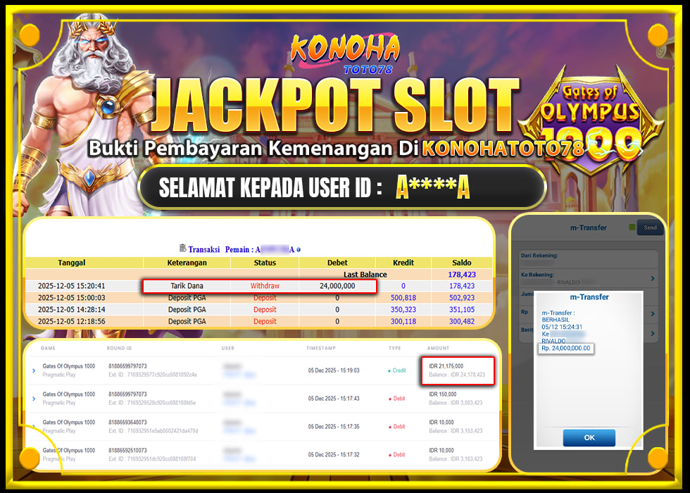 KONOHATOTO78 JACKPOT GATES OF OLYMPUS 1000Rp.24.000.000,- LUNAS