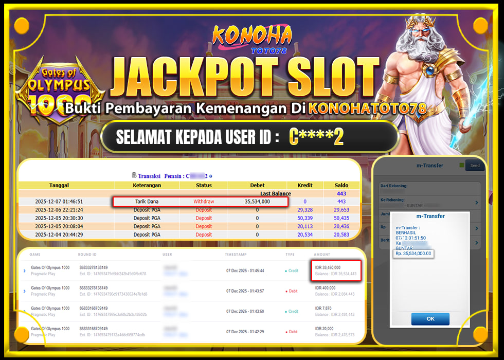 KONOHATOTO78 JACKPOT GATES OF OLYMPUS 1000Rp.35.534.000,- LUNAS