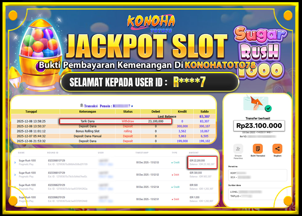 KONOHATOTO78 JACKPOT SUGAR RUSH 1000 Rp.23.100.000,- LUNAS
