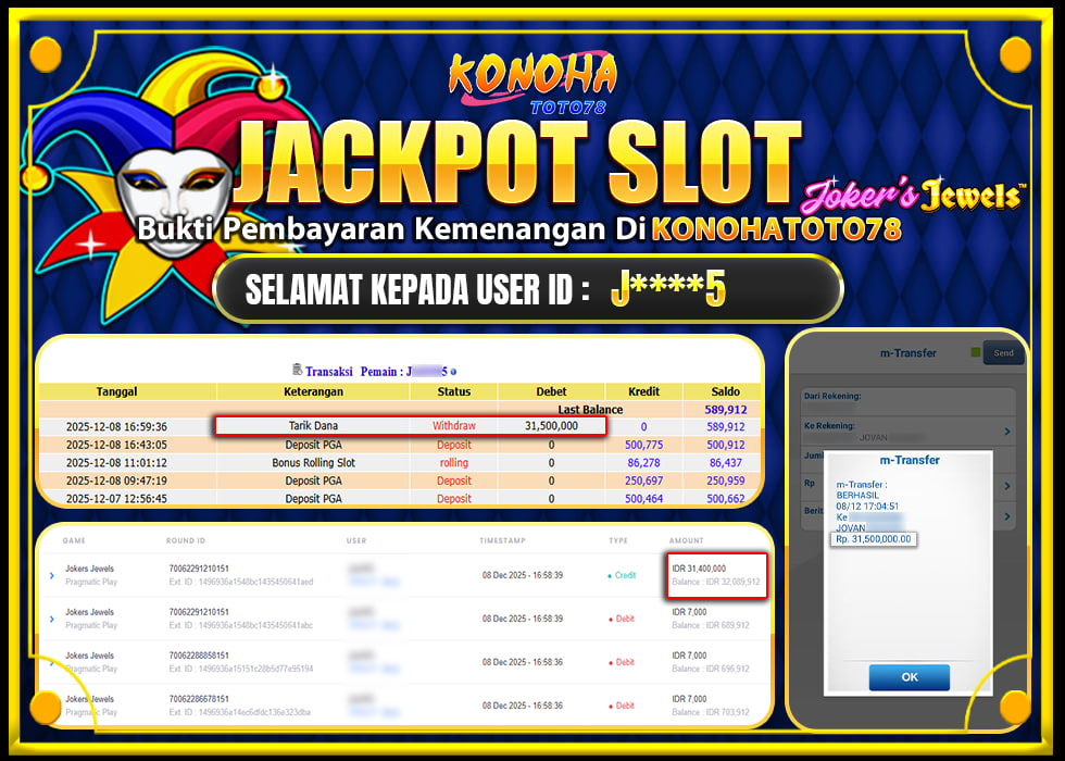 KONOHATOTO78 JACKPOT JOKERS JEWELS Rp.31.500.000,- LUNAS