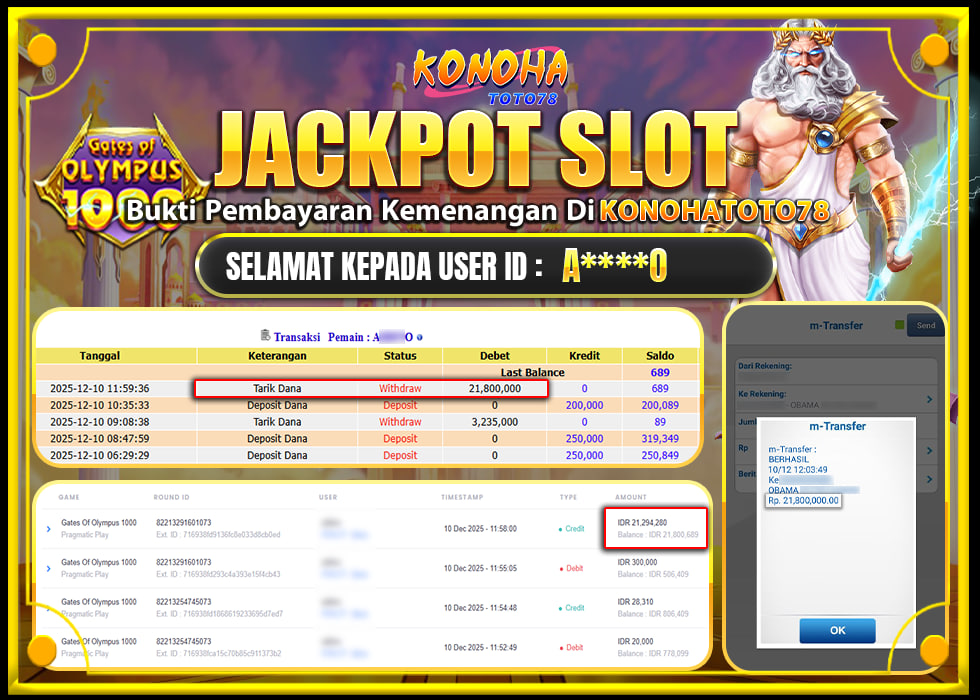 KONOHATOTO78 JACKPOT GATES OF OLYMPUS 1000Rp.21.800.000,- LUNAS