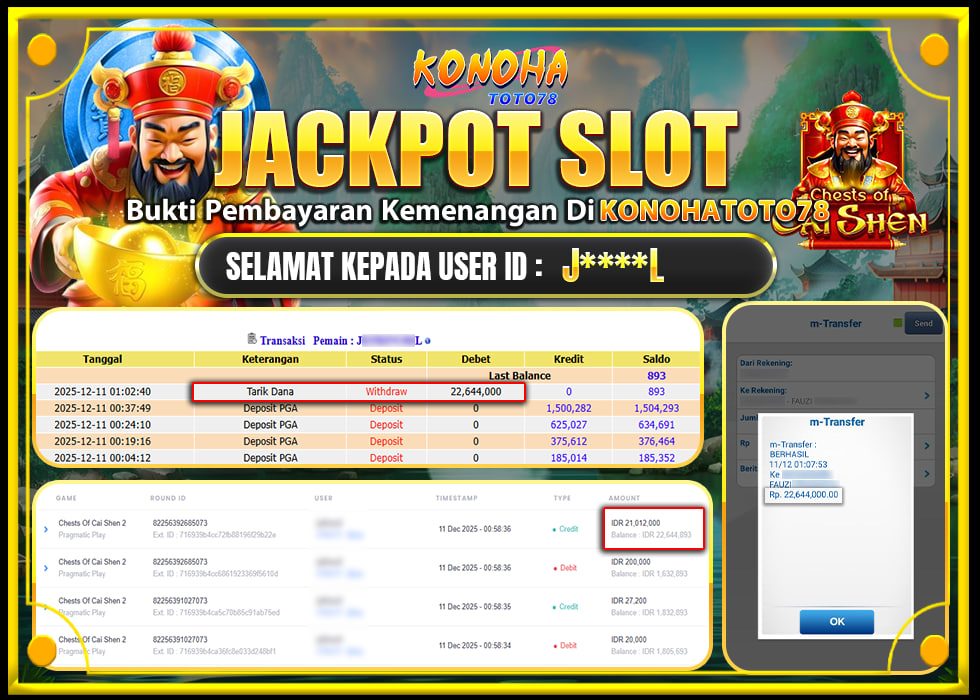 KONOHATOTO78 JACKPOT CHESTS OF CAI SHEN 2 Rp.22.644.000,- LUNAS