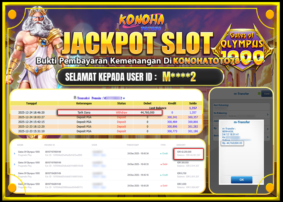 KONOHATOTO78 JACKPOT GATES OF OLYMPUS 1000 Rp.44.760.000,- LUNAS