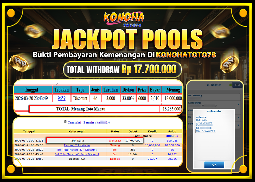 KONOHATOTO78 JACKPOT TOGEL PASARAN TOTOMACAURp.17.700.000,-LUNAS