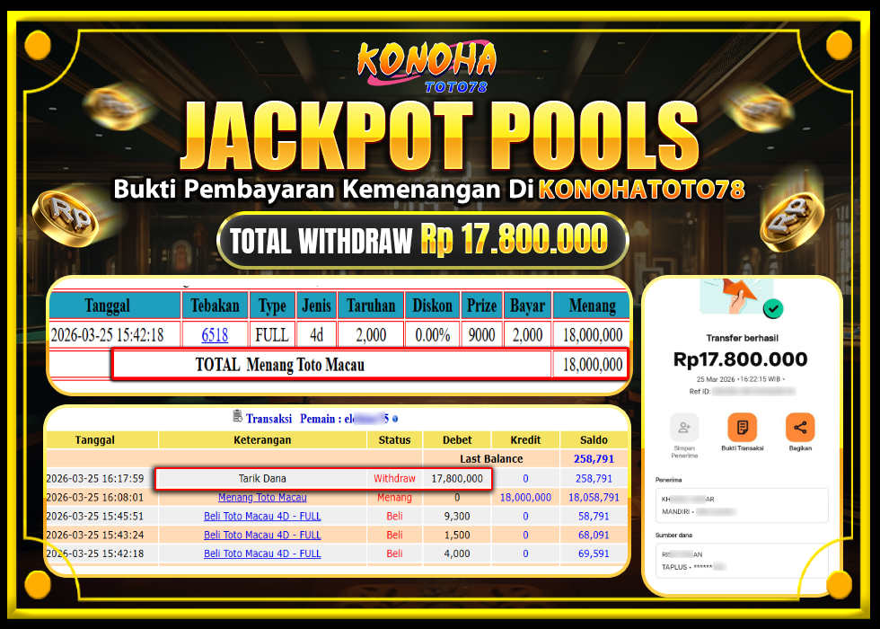 KONOHATOTO78 JACKPOT TOGEL PASARAN TOTOMACAURp.17.800.000,-LUNAS