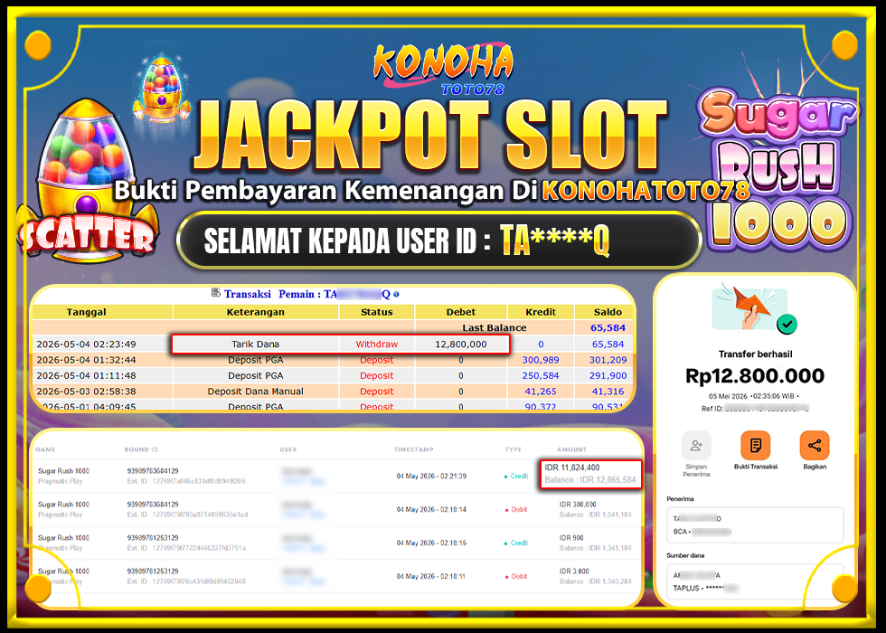 KONOHATOTO78 JACKPOT SUGAR RUSH 1000 Rp.12.800.000,- LUNAS