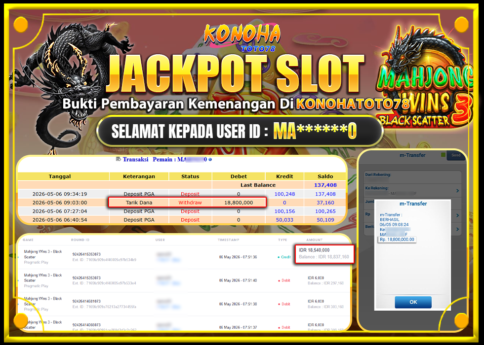 KONOHATOTO78 JACKPOT MAHJONG WINS 3 BLACK SCATTERRp.Rp.18.800.000,- LUNAS