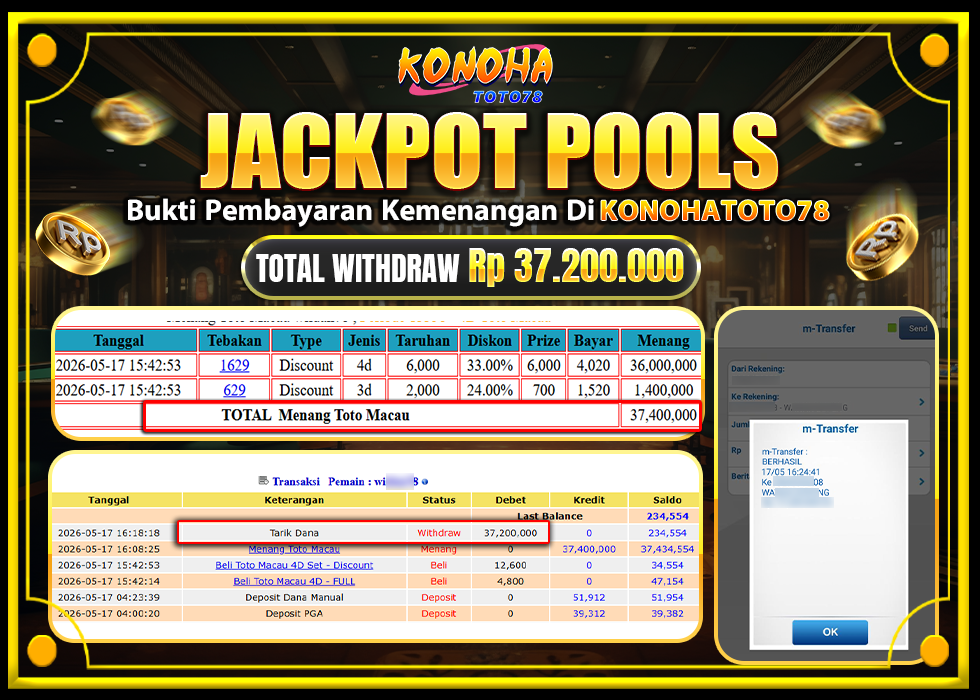 KONOHATOTO78 JACKPOT TOGEL PASARAN TOTOMACAU Rp.37.200.000 LUNAS