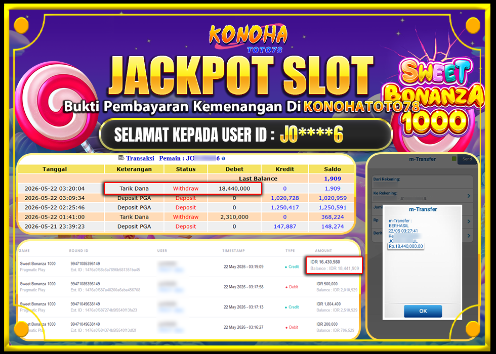 KONOHATOTO78 JACKPOT SWEET BONANZA 1000  Rp.18.440.000,-LUNAS