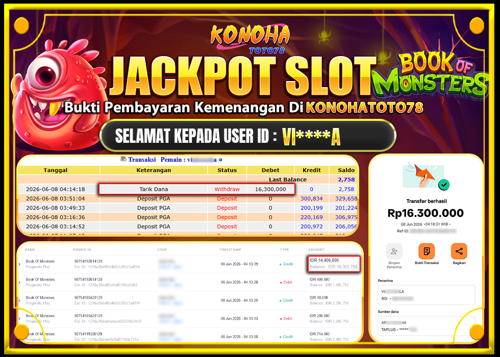 KONOHATOTO78 JACKPOT BOOK OF MONSTERS Rp.Rp.16.300.000,- LUNAS