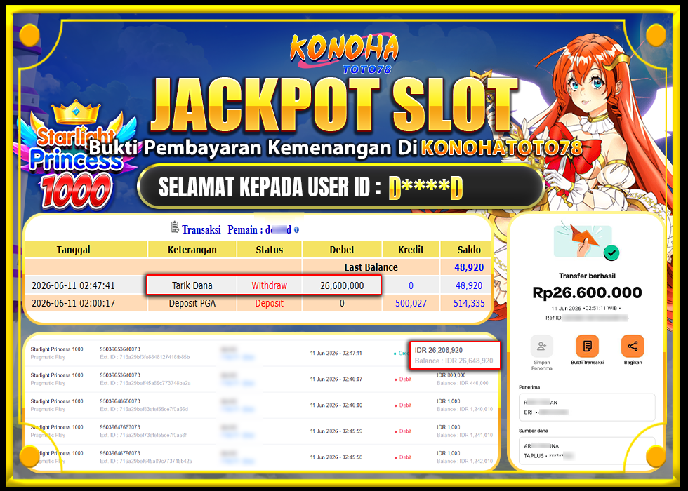 KONOHATOTO78 JACKPOT STARLIGHT PRINCESS 1000 Rp26.600.000,LUNAS