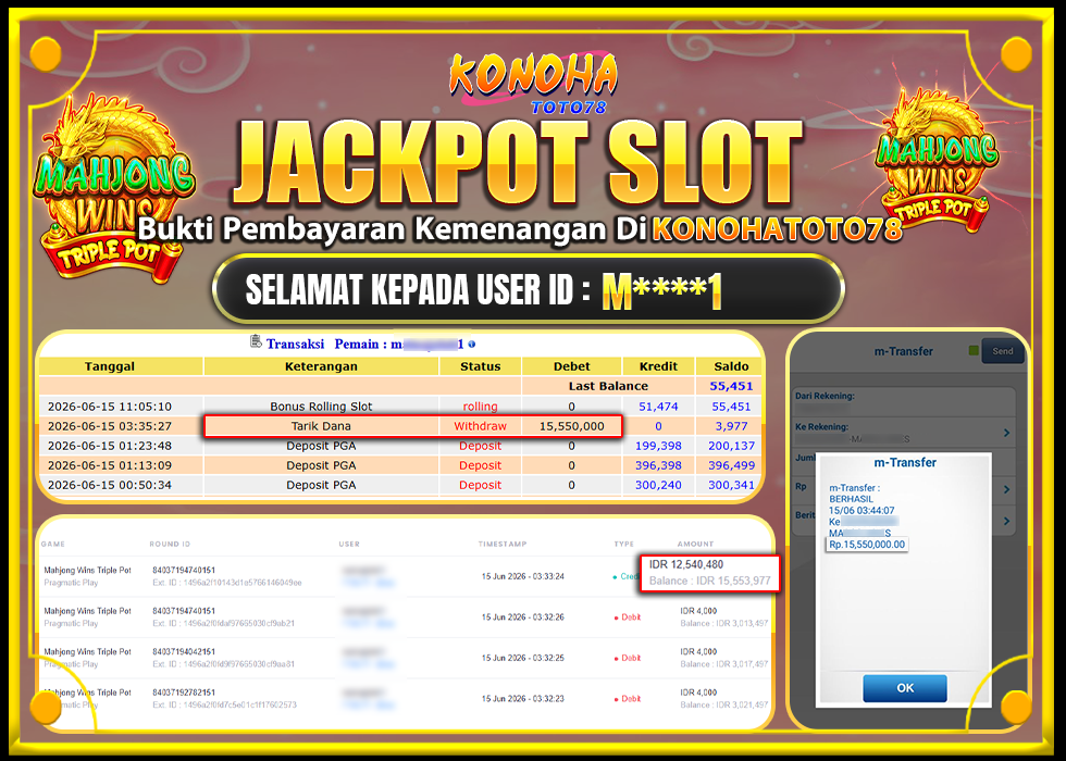 KONOHATOTO78 JACKPOT MAHJONG WINS TRIPLE POT Rp.Rp.15.550.000,- LUNAS